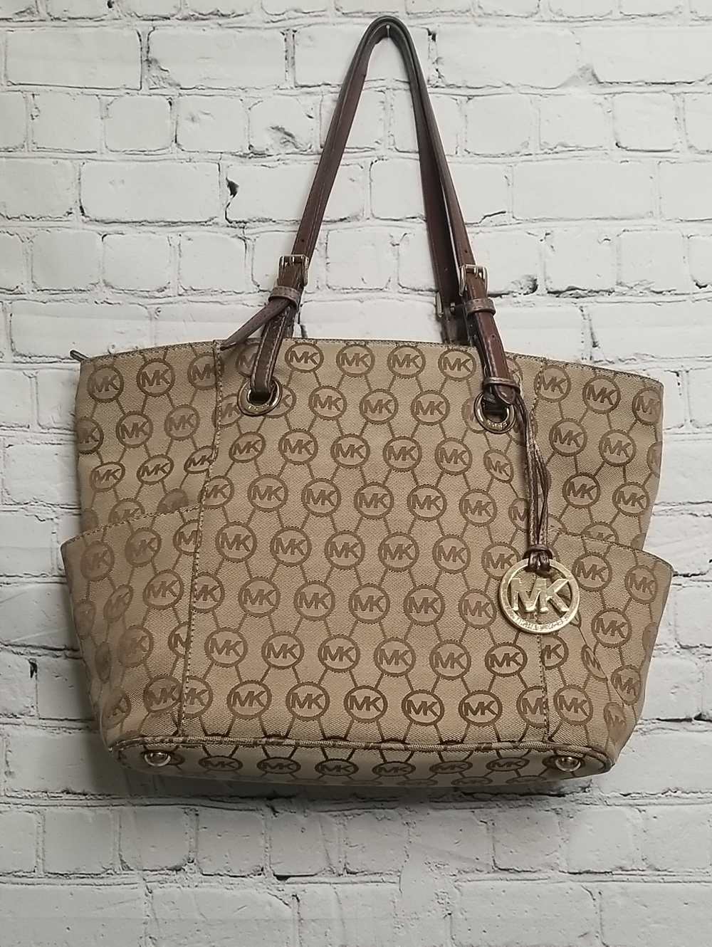 Michael Kors Beige Tan Signature MK Logo Tote with Brown Straps